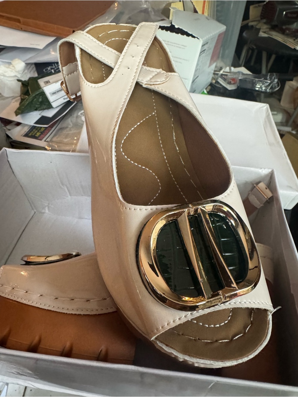 Women’s Cream Peep-Toe Wedge Mules with Gold Accent